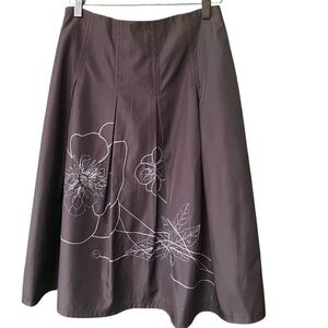 EUC GAVANY Charcoal Brown Midi Skirt White Stitch Floral Embroidery Sz L Boho